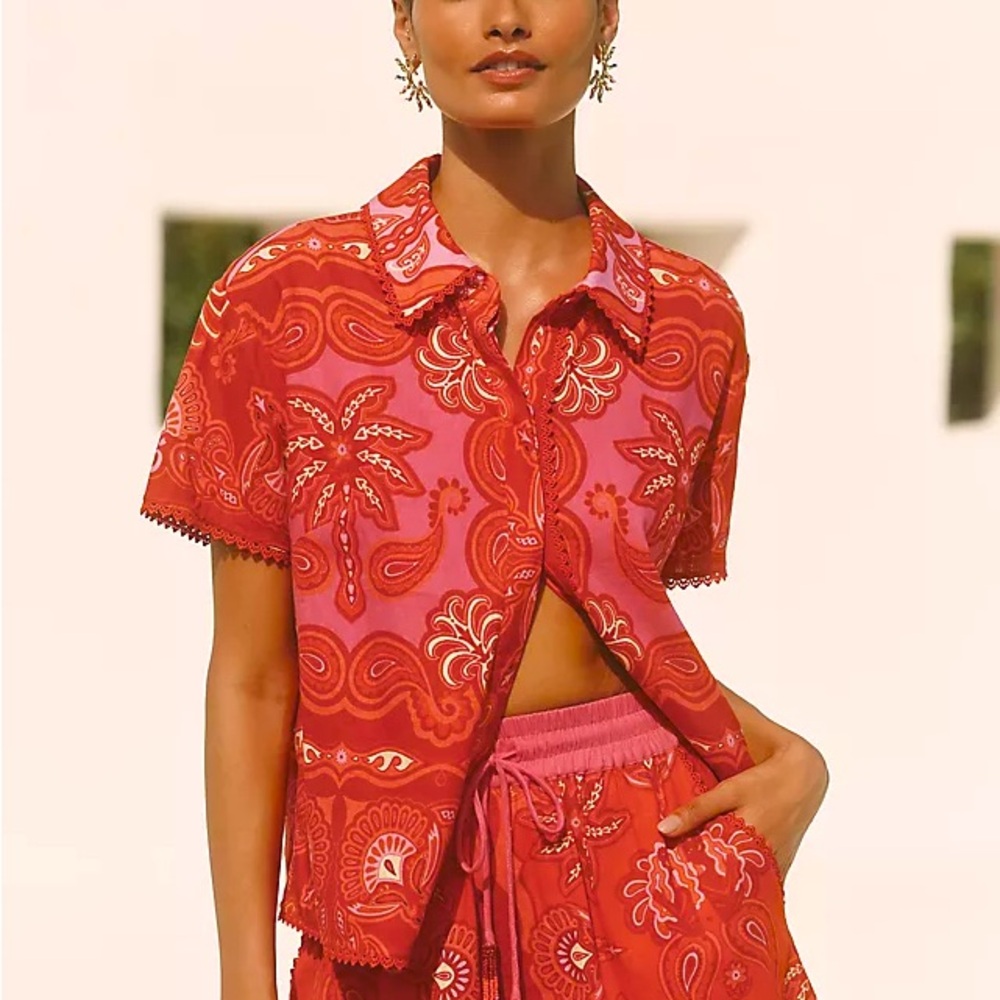 FARM Rio Tropical Motif Linen Blend Buttondown Shirt Size Small NWT in Red Pink